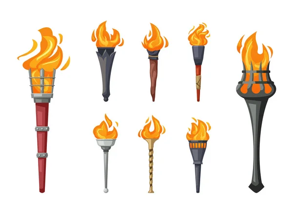 Середньовічний Набір Палаючих Мультиплікаційних Факелів Стародавні Металеві Ліхтарі Різної Форми — стоковий вектор