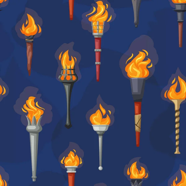 Mittelalterliche Brennende Fackeln Unterschiedlich Geformte Taschenlampen Antike Metallflammen Vektor Cartoon — Stockvektor