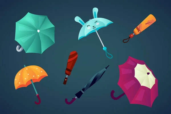 Мультипликационный Набор Зонтики Различного Цвета Формы Дождливых Дней Детские Взрослые — стоковый вектор