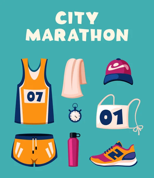 Futás Maraton Tartozékok Készlet Rajzfilm Elemek Sport Sport Cipő Ital — Stock Vector