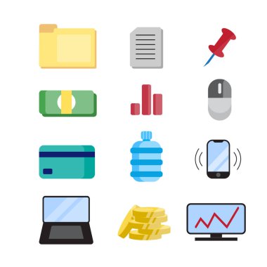 Ofis, iş yönetimi malzemeleri ayarlandı. karikatür basit nesneler, ofis ekipmanları, izole ikonlar. vektör düz nesneler.