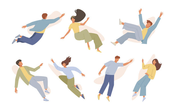 cartoon flat people flying concept. male and female characters lying on the air, fantasy fairy tale concept. vector cartoon graphics.