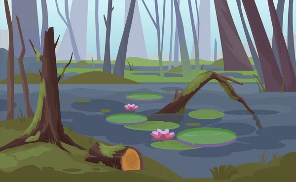 Sümpfe Waldhintergrund Fantasiesee Mit Seerosen Und Sumpf Mystischer Comic Hintergrund — Stockvektor