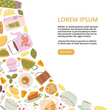 Çay aletleri köşesi. Basit karikatür sabah kahvaltısı öğeleri, fincanlar, kruvasanlar, çaydanlık, çay tabakları, limon, tatlı, kek. Samimi çay saati vektörü düz arkaplan.