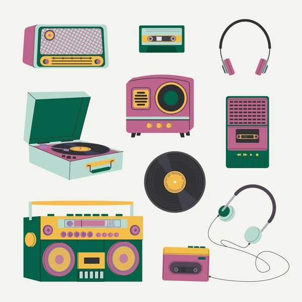 Lecteurs Musique Prêts Bande Dessinée Rétro Enregistreurs Musique Vintage Gadgets — Image vectorielle