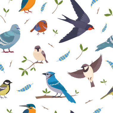 city birds pattern. bullfinch, tit, sparrow, pigeon, crow, birds flying and standing in different poses. cartoon vector seamless pattern.