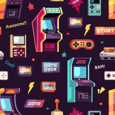 Oyun makineleri modeli. 8 bit retro stil oyun makineleri, çizgi film klasik oyun kontrolörleri, slot makineleri. vektör düz çizgi film kusursuz desen.