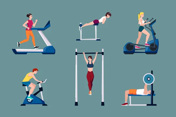 Turnhalle Zeichen Gesetzt Cartoon Gesunde Menschen Die Sporttraining Workout Gym — Stockvektor