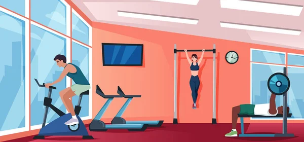 Gymnastiek Achtergrond Sporters Doen Fysieke Oefeningen Het Fitnesscentrum Cartoon Gezonde — Stockvector