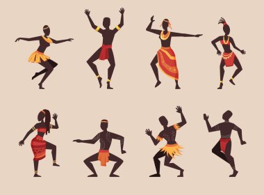Afrika ritüeli dansı. karikatür yerli etnik dansçılar, geleneksel geleneksel tören. vektör çizgi film karakterleri.