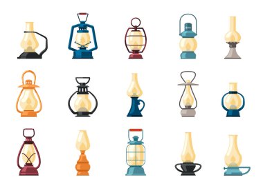 Vintage lambalar. Gaz yağlı gaz lambaları, yanan fitili olan fenerler. izole ögelerin vektör karikatür kümesi.
