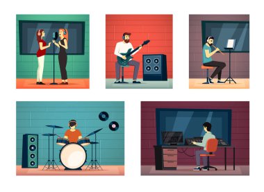 Müzik stüdyosu. karakterler müzik, bateri, vokal, çizgi film düz ses kayıt araçları, hava şarkıcıları, müzik çalışma istasyonu. vektör karikatür arkaplanı.