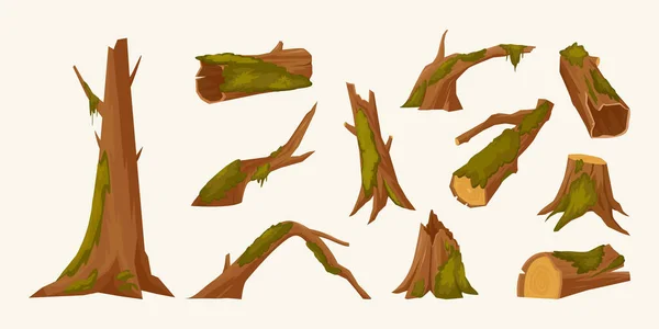 Stubbar Mossa Skogstaiga Naturliga Föremål Tecknade Stubbar Täckta Med Grön — Stock vektor