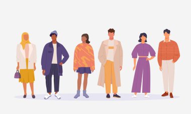 Moda elbiseli karakterler. Sokak kıyafetleri insanlar. Yakışıklı ve sevimli karakterler, modaya uygun giyinen erkek ve kadınlar şık giyinir. vektör çizgi film karakterleri ayarlandı.