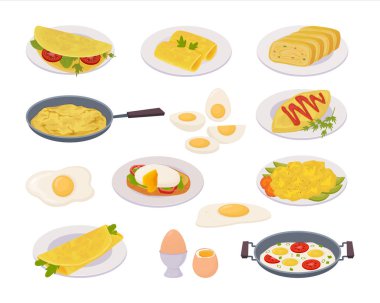Yumurta takımından yiyecekler. Tavuk bıldırcın yumurtası, çiğ, pişmiş, haşlanmış, kızarmış protein yemeği, düzgün beslenme yumurtaları, sabah kahvaltısı. vektör gıda çizgi film ögeleri ayarlandı.