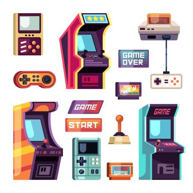 Retro oyun makineleri. 8 bit retro stil oyun makineleri, çizgi film klasik oyun kontrolörleri, slot makineleri. vektör karikatürü izole nesneleri ayarla.