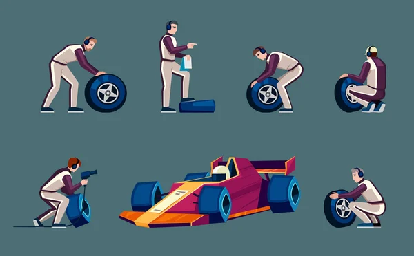 Equipa Paragem Reparação Automóvel Autocross Mudando Rodas Fórmula Bolide Técnicos Vetores De Bancos De Imagens