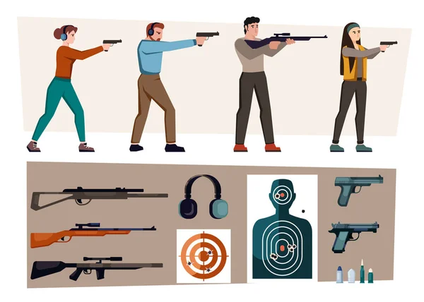 Schießbudenartikel Erwachsene Outdoor Sicherheitsstrategie Aktivität Cartoon Waffen Kugeln Menschen Schießtraining Stockvektor