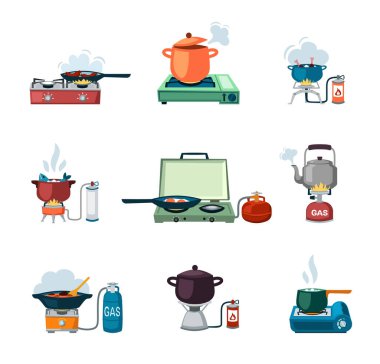 Yemek takımı hazırlıyorum. Çaydanlık ve diğer kap kacak, yumurta balığı ve çorba hazırlama, kaynama, kızartma, mutfak tavasında pişirme, izole ögeler ile vektör karikatürü.