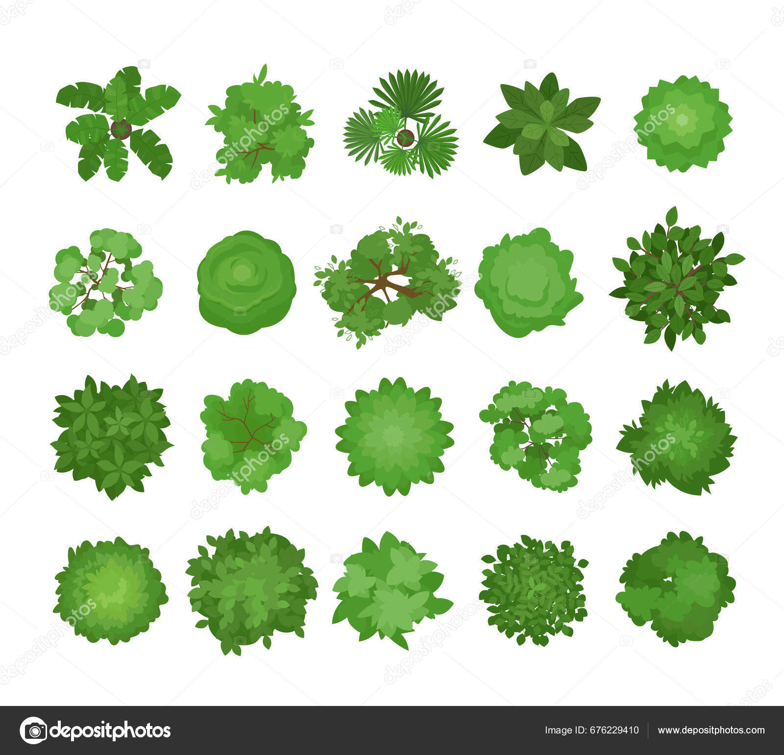 Bushes Trees Top View Nature Greens Landscapes Set Different Plants