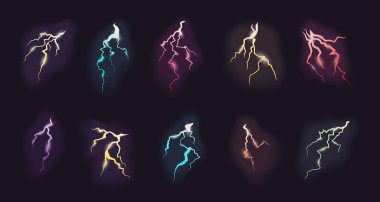 Fantezi aydınlatma saydam. Farklı renkler, parlak gerçekçi izole yağmur aydınlatma seti. vektör düz çizgi film grafikleri.