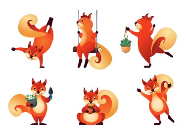 Yavru sincaplar hazır. Orman doğasında küçük sevimli kızıl sincaplar, vahşi yaşam hayvanları, meşe palamudu yemek, farklı pozlarda sincaplar. vektör karikatürü hayvanları yesin.