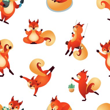 Yavru sincap deseni. Vahşi yaşam hayvanları, meşe palamudu yemek, farklı pozlarda sincaplar, orman doğasında sevimli küçük sincaplar. vektör çizgi filmi düz ve pürüzsüz desen.