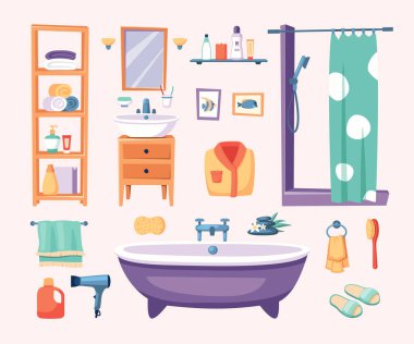 Banyo eşyaları hazır. Banyo aksesuarları ve mobilya takımı, diş fırçası, lavabo, ayna rafı şampuan peril havlu duş. vektör karikatür ögeleri izole nesneleri ayarla.