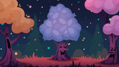 fantezi cadılar bayramı arka planı. Öfkeli ağaç karakterleriyle korkunç korkunç gece ormanlarına dadanır. vektör karikatür mistik çayır düz arkaplan.