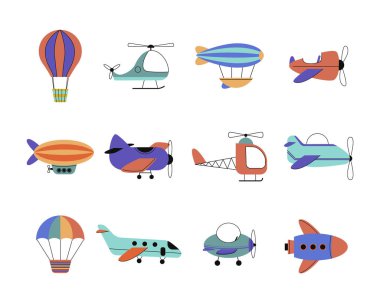 Çocuksu uçan nakliye aracı. Minimalist düz karalama uçakları hava gemileri, çocuklar macera seyahatleri. vektör çizgi film düz nesneler.