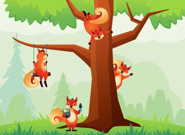 stock vector baby squirrels background. squirrels in forest on the tree, cute funny little ginger squirrels in forest nature, wildlife animals. vector cartoon animals forest background.