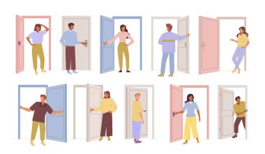 İnsanlar kapıları açar. Giriş ya da çıkış, farklı giyinmiş karakterler kapıları açar ve kapatır. vektör çizgi film düz illüstrasyon.