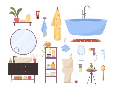 bathroom items set. mirror shelf bath shampoo persil towels shower, bath accessories and furniture set, toothbrush, sink. vector cartoon items set with isolated objects. clipart