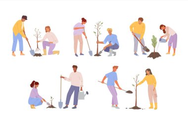 İnsanlar ağaç dikiyor. Bahçede çalışan karakterler, doğa yeniden ağaçlandırma ekoloji konsepti, dünya çevresi günü, toprak günü. vektör çizgi film karakterleri.