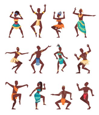 Afrika ritüeli dansı. Antik geleneksel tören, karikatür yerli etnik dansçılar. vektör çizgi film karakterleri.