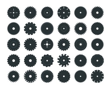 Testere bıçakları. İnşaat endüstrisi demir teknik aletler, mekanik kesici aletler koleksiyonu. Düz izole nesneler ile vektör çizgi unsurları.