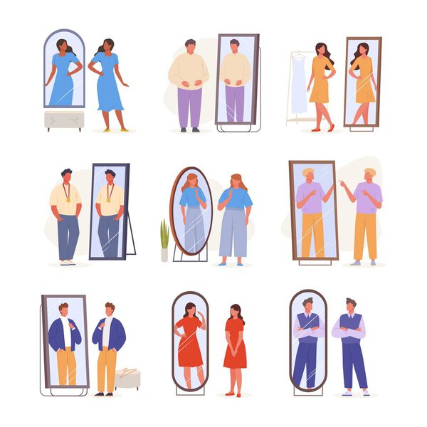 people look mirror. clothes style, self confident characters, cartoon flat male and female characters looking at their fit. vector cartoon minimalistic flat characters.
