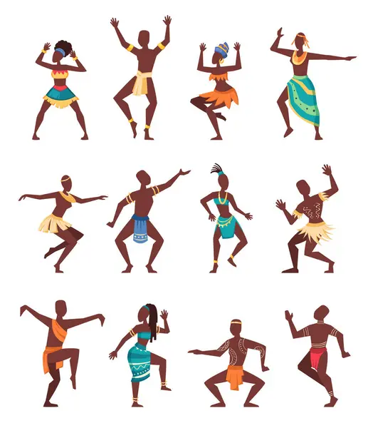 Afrikansk Ritualdans Antik Traditionell Ceremoni Tecknade Uråldriga Etniska Dansare Tecknad Royaltyfria Stockvektorer