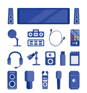 Müzik stüdyosu aletleri. Stüdyo mikrofon hoparlörleri, kayıt için ses ekipmanları. Vektör simgesi ayarlandı