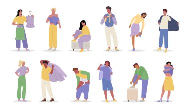 İnsanlar kıyafetlerini değiştiriyor. Kıyafet mağazası konsepti, karikatür erkek ve kadın karakterleri kıyafet provası, kıyafet deneyen insanlar. vektör çizgi film karakterleri koleksiyonu.