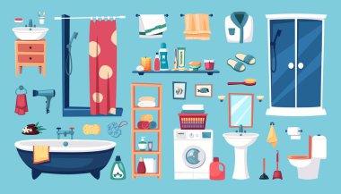 Banyo eşyaları hazır. Diş fırçası, lavabo, banyo aksesuarları ve mobilya seti, ayna rafı banyo şampuanı peril havlular duş. vektör karikatür ögeleri izole nesneleri ayarla.
