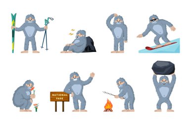 tarih öncesi yeti kocaayaklar. Neandertal kocaayak evrimi, karikatür biyolojisi antik homo sapiens maymun evrimi karakterleri. vektör çizgi film karakterleri.