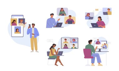 Uzaktan kumanda. İnsanlar çevrimiçi konferansta birlikte çalışıyorlar, çizgi film karakterleri internetten serbest görüşme yapıyorlar, dış kaynak işi yapıyorlar. vektör çizgi film konsept karakter koleksiyonu.