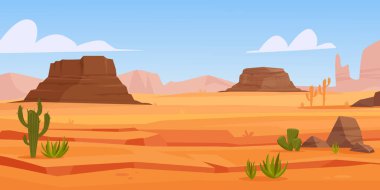 Çöl geçmişi. Çizgi film minimalistik ıslak çöl Meksika kayalık arka planı. vektör çizgi film düz arkaplan.
