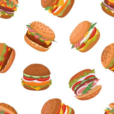 Hamburger kalıbı. Hamburger koleksiyonu, çizgi film lezzetli fast food Amerikan abur cuburları çizburger seti, sağlıksız beslenme. vektör karikatürü minimalistik pürüzsüz desen.