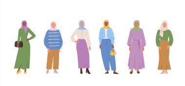 Müslüman tesettürlü kadın. tesettürlü çizgi film minimalist karakterleri, geleneksel etnik Türk İran kıyafeti giymiş Suudi insanları. vektör çizgi film karakterleri geleneksel konsept.