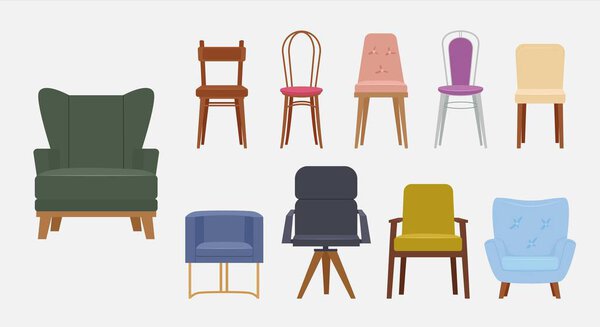 стулья. диван, удобные гостиные мебель, кресло, табурет, стульчик, домашний уголок, офисная мебель. векторная плоская коллекция современной мебели.