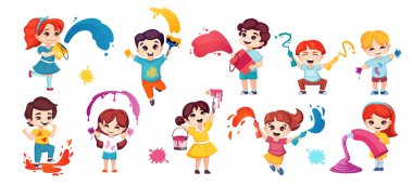 Boyalı çocuklar. Sanat okulu anaokulu eğlencesi, fırça ve renklerle mutlu şirin çocuklar, çocukluk konsepti çizmek. vektör düz çizgi film karakterleri ayarlandı.
