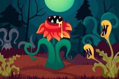 Peri ormanı geçmişi. Gizemli çizgi film fantezi yaprakları muhteşem ağaçlar çiçekler, soyut orman doğası. vektör çizgi film sihirli arka planı.