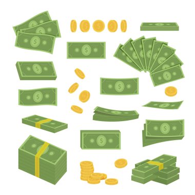 Çizgi film banknotu. karikatür dairesi minimalist banka nakit parası, finans ekonomisi bankacılık ödeme konsepti, yeşil dolar işaretleri. vektör çizgi film ögeleri koleksiyonu.